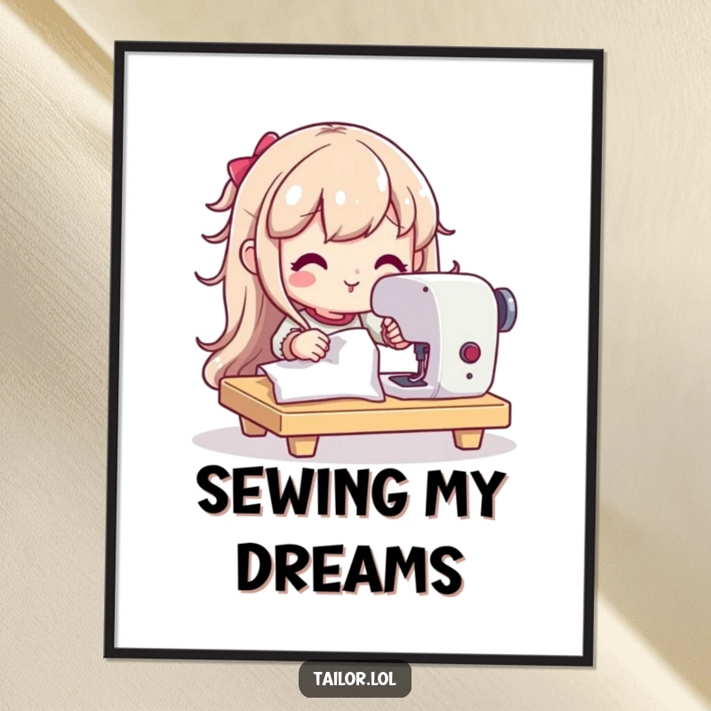 Funny poster of a happy, determined character intently using a sewing machine, symbolizing the joy and focus of creation.