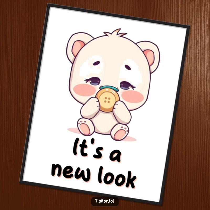 Funny character comically sewing a button onto their own nose, humorous wall art for any room.