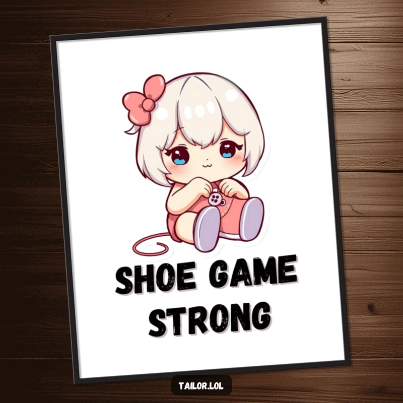 Funny poster showing a character winking while sewing a button onto a tiny shoe, perfect for inspiring detail-oriented work.