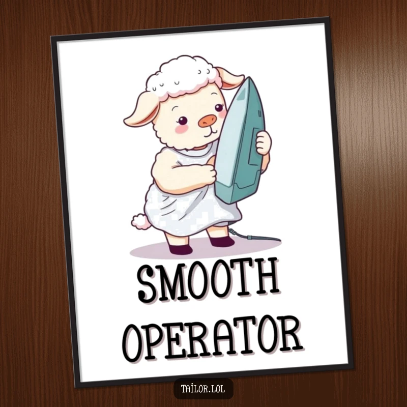 Funny silly sheep poster print of a sheep ironing a wrinkled shirt with a huge iron, radiating comical household struggle.