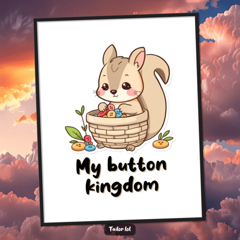 Funny playful squirrel character collecting buttons in a basket, a cute and humorous poster for wall art.