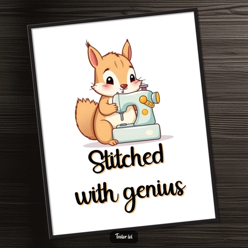 Funny poster of a curious squirrel intently using a tiny sewing machine, perfect for adding a humorous vibe.