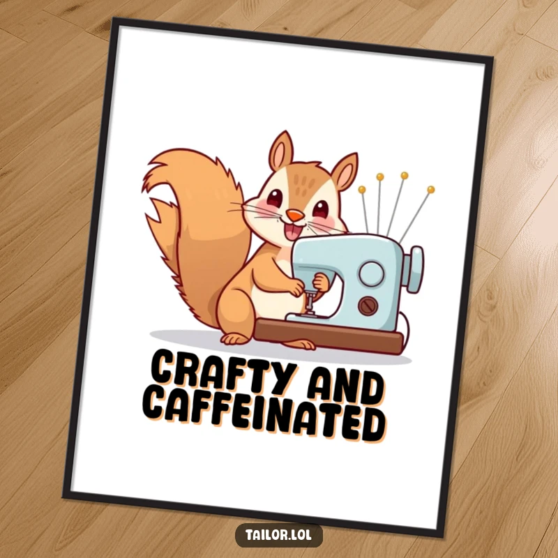 Funny Poster: Cheerful squirrel using a sewing machine with oversized needles, a dynamic and humorous depiction of a sewing enthusiast.