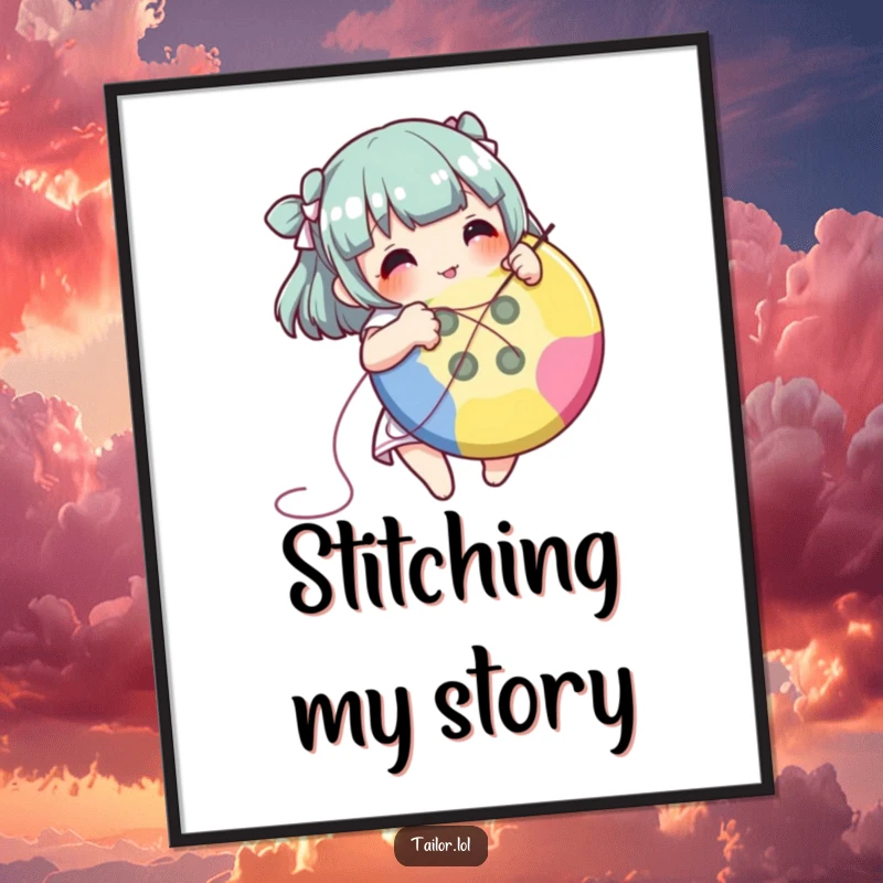 Funny character happily sewing a colorful button, rendered as a charming poster print.