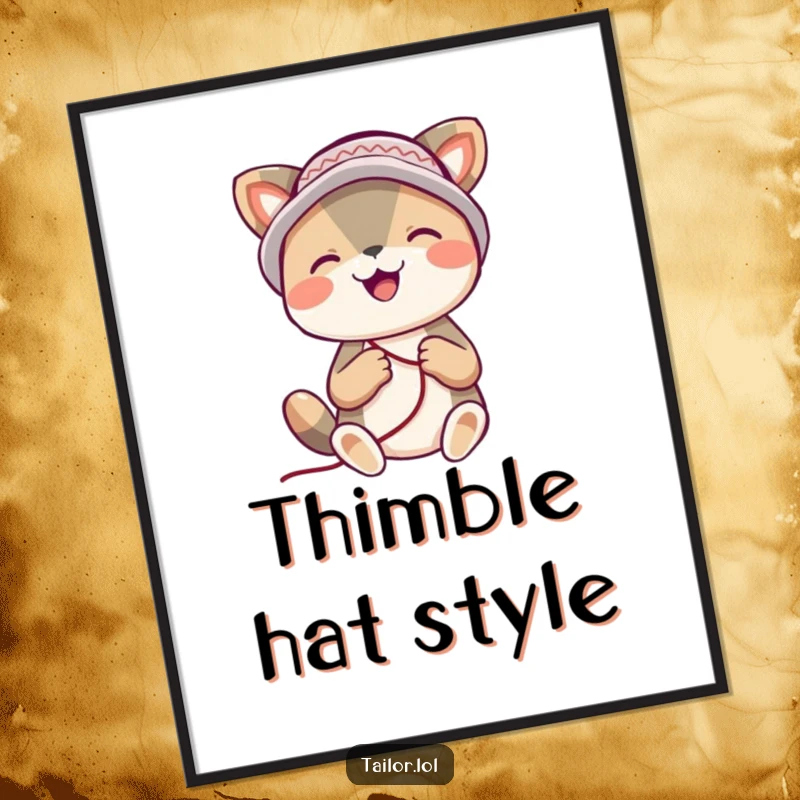 Funny animal poster, a joyful creature wearing a thimble hat, happily engaged in the act of stitching with artistic delight.