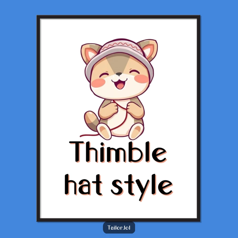 Funny Stitching Poster: Joyful Animal Art with Thimble Hat - A Creative Decor Piece