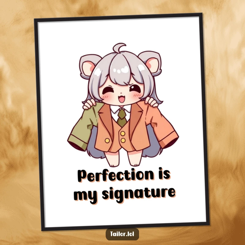 Funny tailor poster depicting a character beaming while holding a perfectly tailored garment, inspiring creativity and sewing passion.