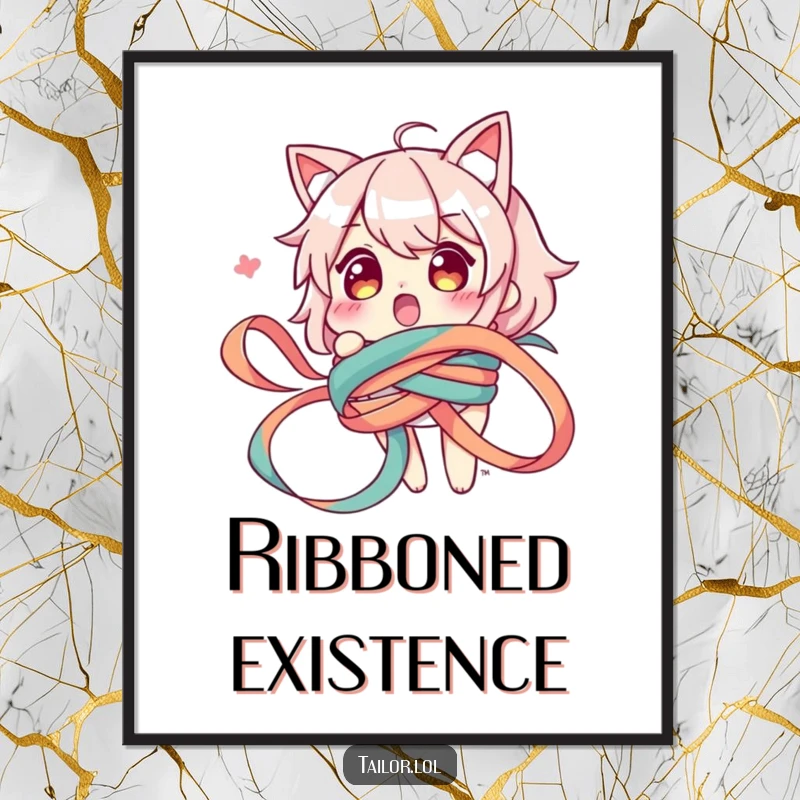 Funny poster illustrating a surprised character hilariously ensnared by a long, winding ribbon, perfect for humorous wall decor.