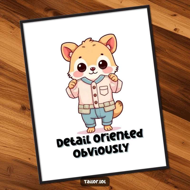 Funny poster art of an animal proudly holding a ridiculously small, perfectly sewn garment, celebrating meticulous crafting.