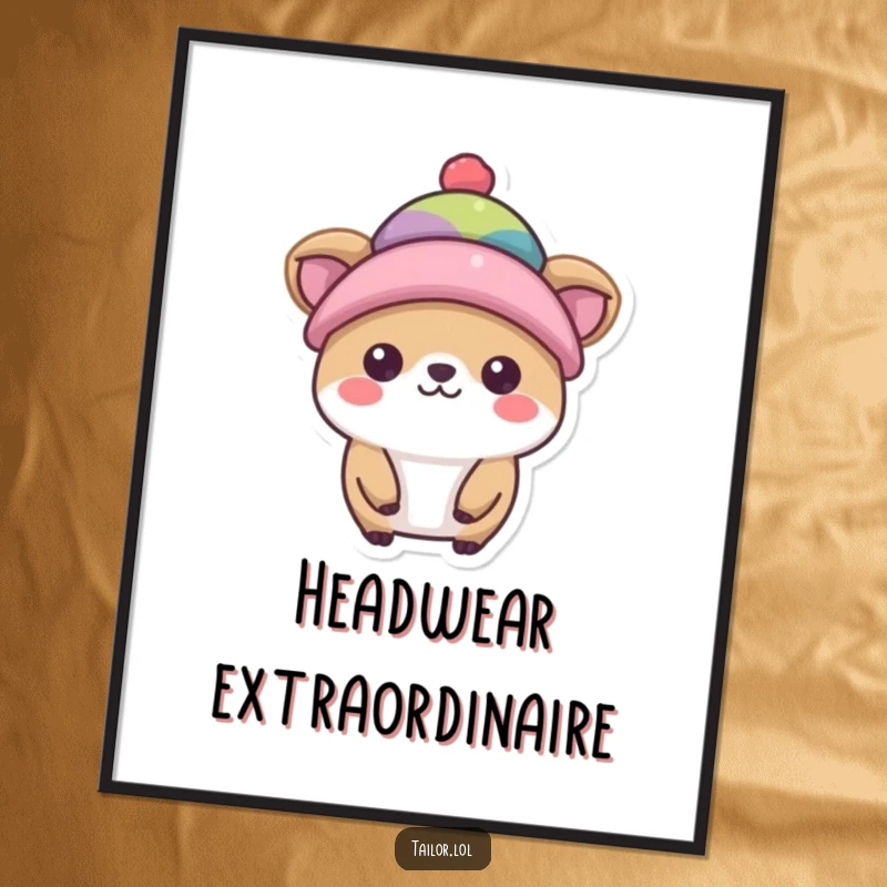 Funny hat model poster, a happy animal character proudly wearing a tiny, colorful hat, a fashionable statement.