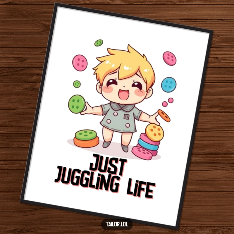 Funny character comically juggling numerous colorful buttons with impressive agility, a humorous wall art.