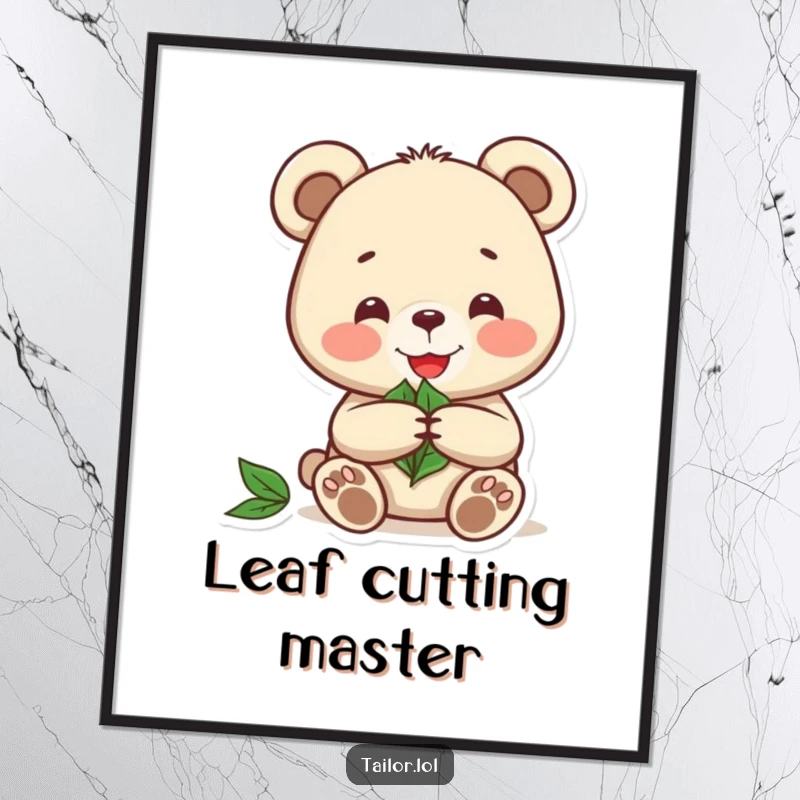Funny poster showing a joyful bear carefully cutting a pattern from a leaf, bringing nature's craft to decor.