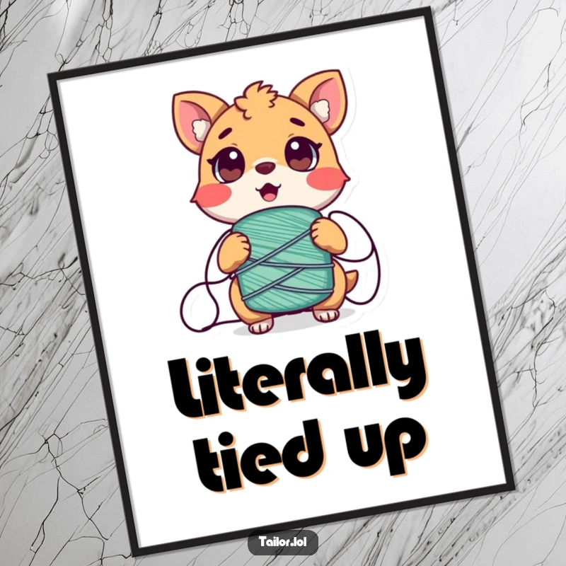 Funny Tangled Animal Poster, a surprised creature comically caught up in a spool of thread, creating humorous wall art.