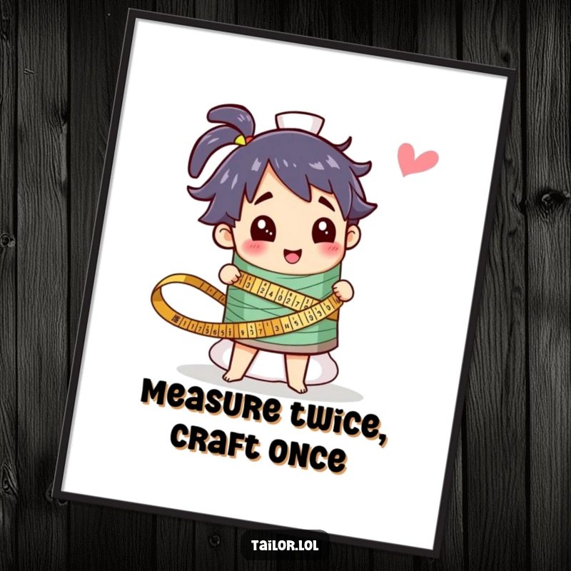 Funny poster displaying a character enthusiastically measuring a massive, colorful thread spool, an artistic and humorous gift for sewers.