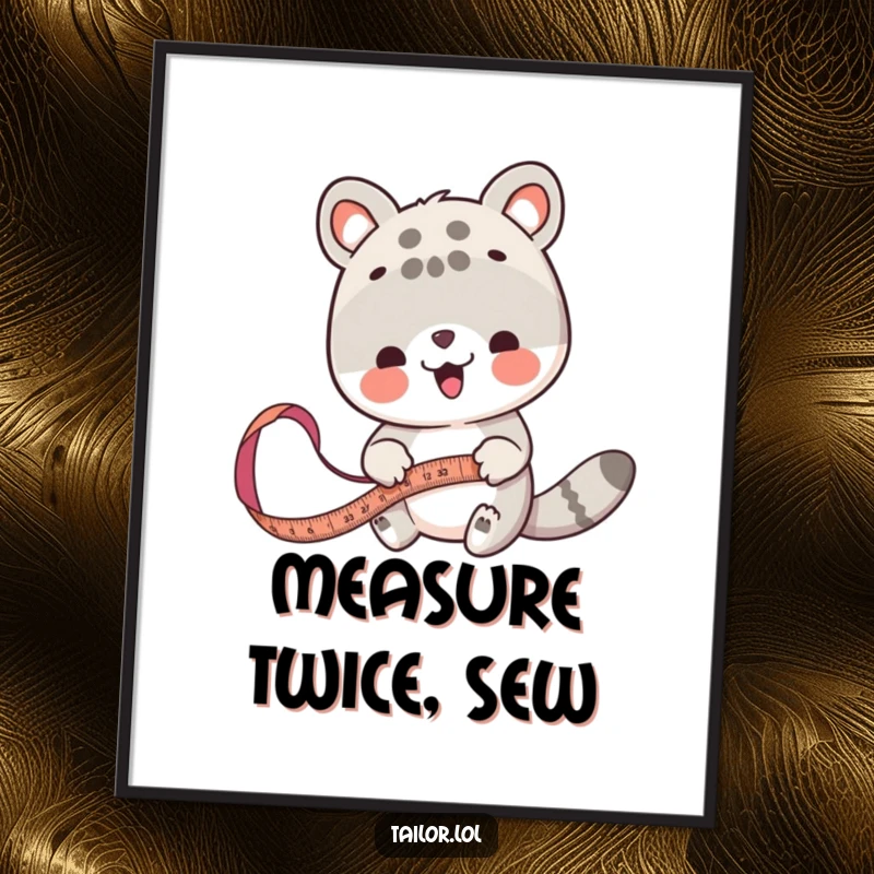 Funny animal measurer poster, a cute animal character carefully measuring fabric with a large tape measure, artful and precise.