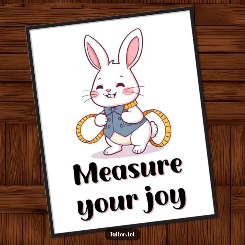 Funny joyful rabbit tailor hopping with a measuring tape, presented as an inspiring poster for sewing rooms and humorous decor.