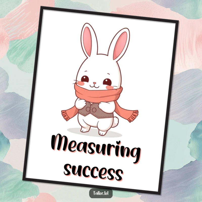 Funny Kawaii rabbit tailor character giggling while measuring a ridiculously long scarf, humorous wall art, perfect funny gift.