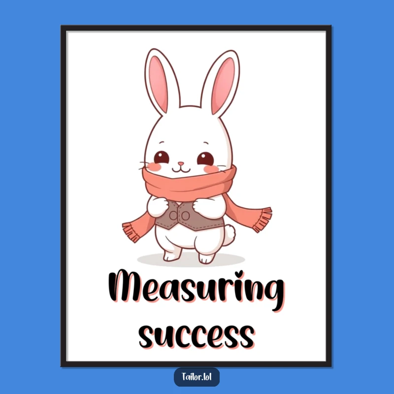 Funny Kawaii Rabbit Tailor Poster: Giggling Character Measuring Long Scarf Art, Quirky Decor