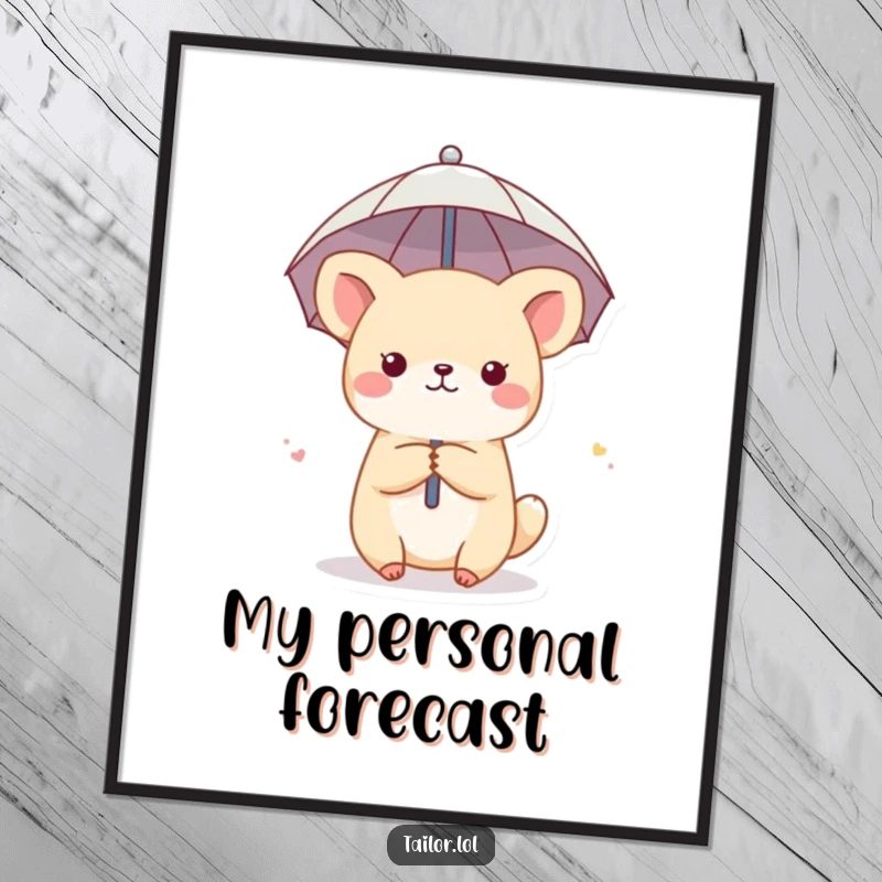 Funny poster depicting a cute animal character using a thimble as a minuscule umbrella, adding a touch of whimsy and humor to walls.