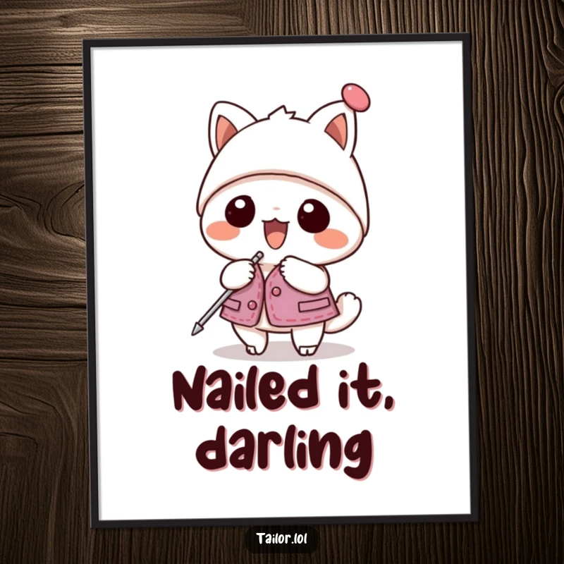 Funny poster featuring a kawaii animal character enthusiastically pinning a garment with a giant hatpin, cute wall decor.