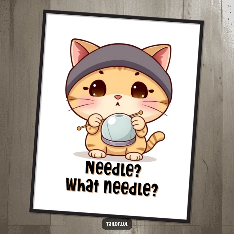 Funny surprised cat character wearing a thimble, inspecting a large sewing needle, humorous wall art for craft rooms.