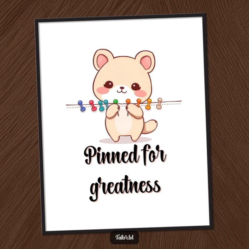 Funny Pinning Animal Poster: A cute animal character happily pinning fabric with colorful pins. Inspiring art for organized crafters.