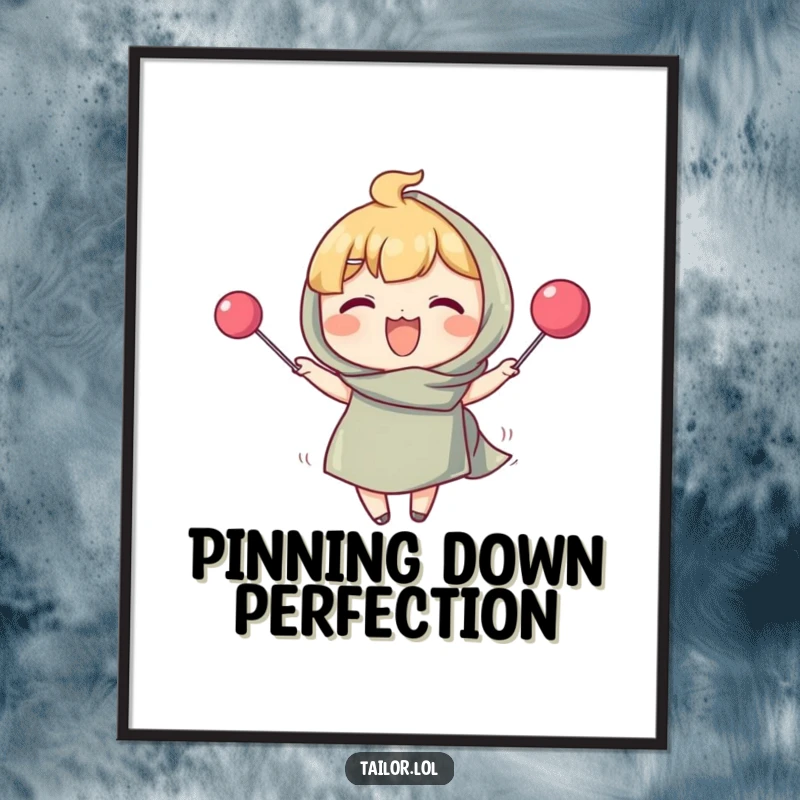 Funny poster displaying a character joyfully pinning fabric with a comically oversized pin, an artistic and humorous gift for quilters.