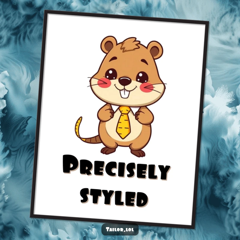 Funny Kawaii beaver tailor character wearing a measuring tape as a necktie, humorous wall art for dressmakers and crafters.