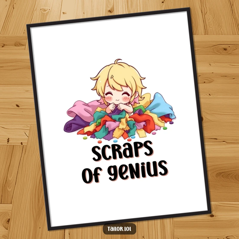 Funny poster displaying a character playfully sorting a vibrant pile of fabric scraps, an artistic and humorous gift for crafters.