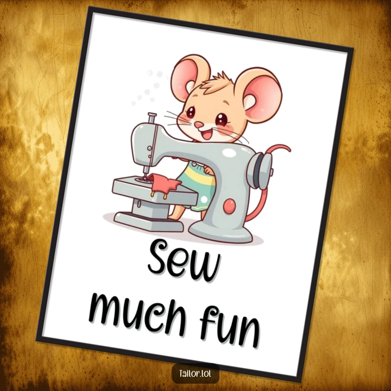 Funny Kawaii mouse tailor character joyfully operating an oversized sewing machine, humorous and artistic wall decor for sewers.