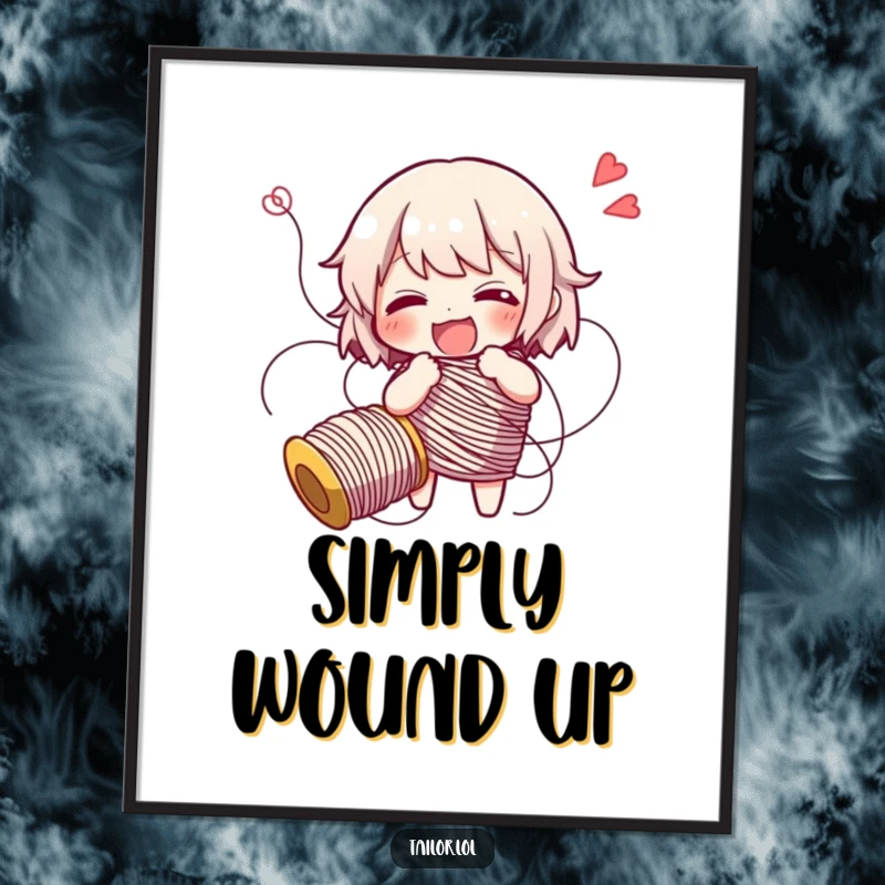 Funny character comically tangled in a long spool of thread, giggling, humorous wall art for a craft room.