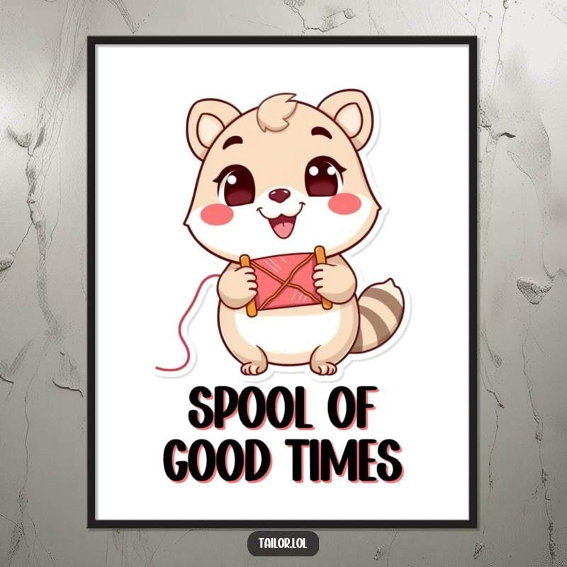 Funny Poster: Cute animal character holding a spool of thread with a big, cheerful grin, embodying crafting joy.