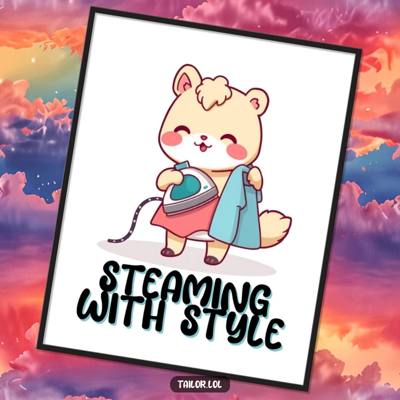 Funny poster of a cheerful animal character ironing clothes with a tiny, steaming iron, adding a humorous touch to decor.