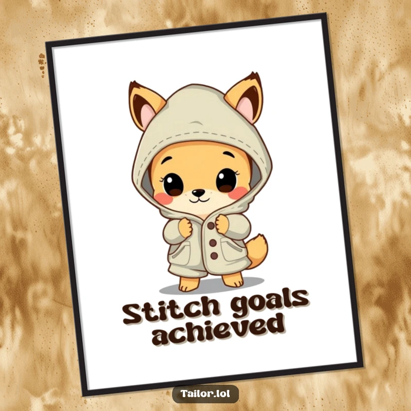 Funny animal poster, a curious creature marveling at an oversized, beautifully stitched garment, celebrating craftsmanship and detail.