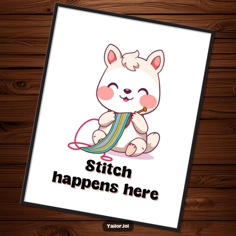 Funny sewing animal poster featuring a cheerful character with a needle, creating a long, colorful stitch, perfect wall art.