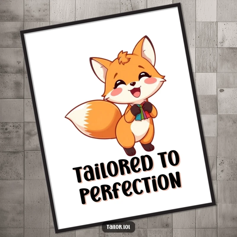 Funny poster showcasing an excited fox pinning a colorful swatch to its tail, bringing a humorous crafting vibe to decor.