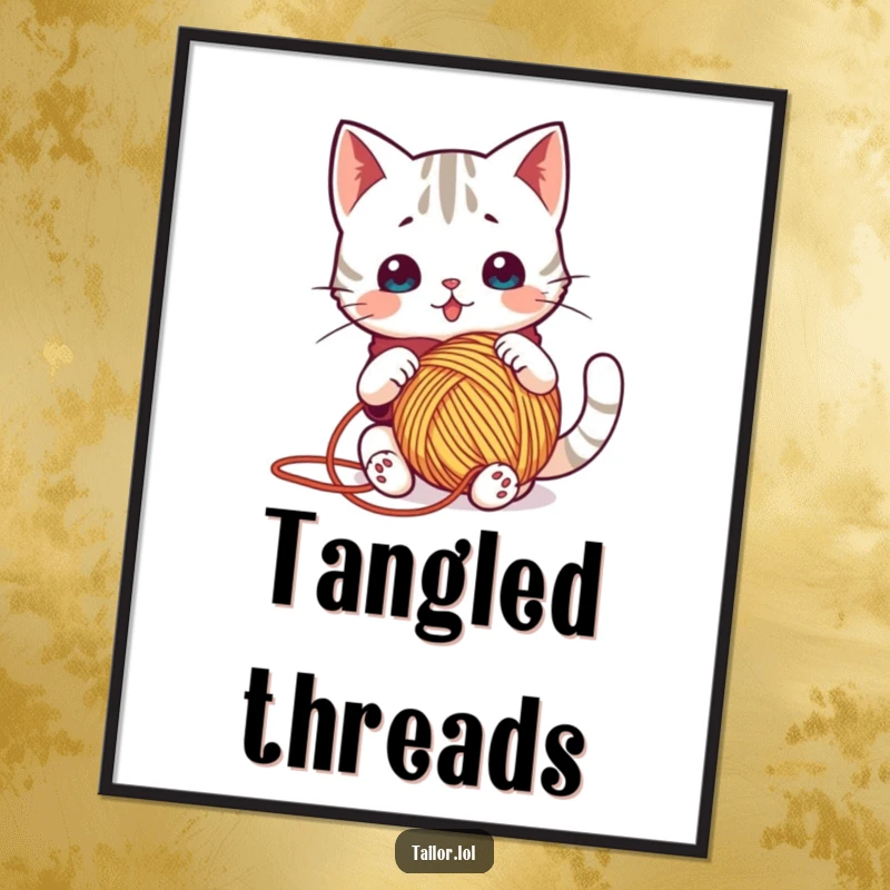 Funny poster showing a surprised Kawaii cat tailor hilariously tangled in a large ball of yarn, creating a scene of playful chaos.