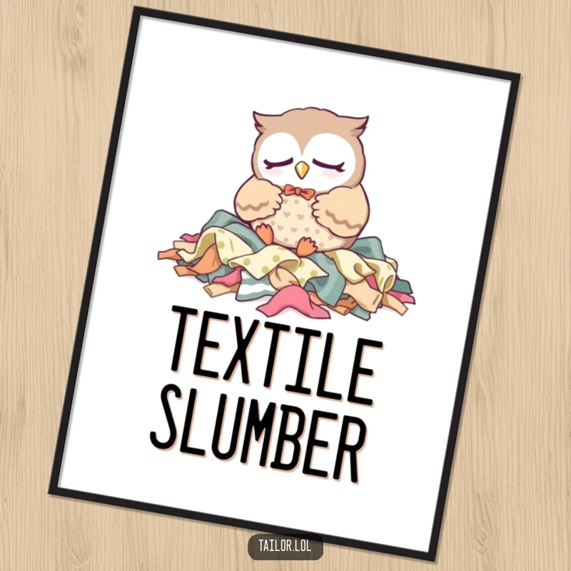 Funny Poster: A sleepy Kawaii owl tailor character dozes on a pile of fabric scraps, creating a peaceful and humorous scene.