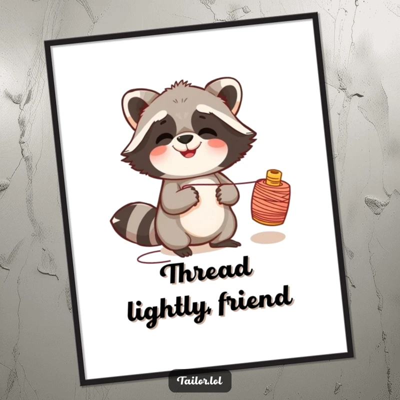 Funny giggling raccoon poster print of a raccoon pulling a thread spool, radiating infectious laughter and fun.