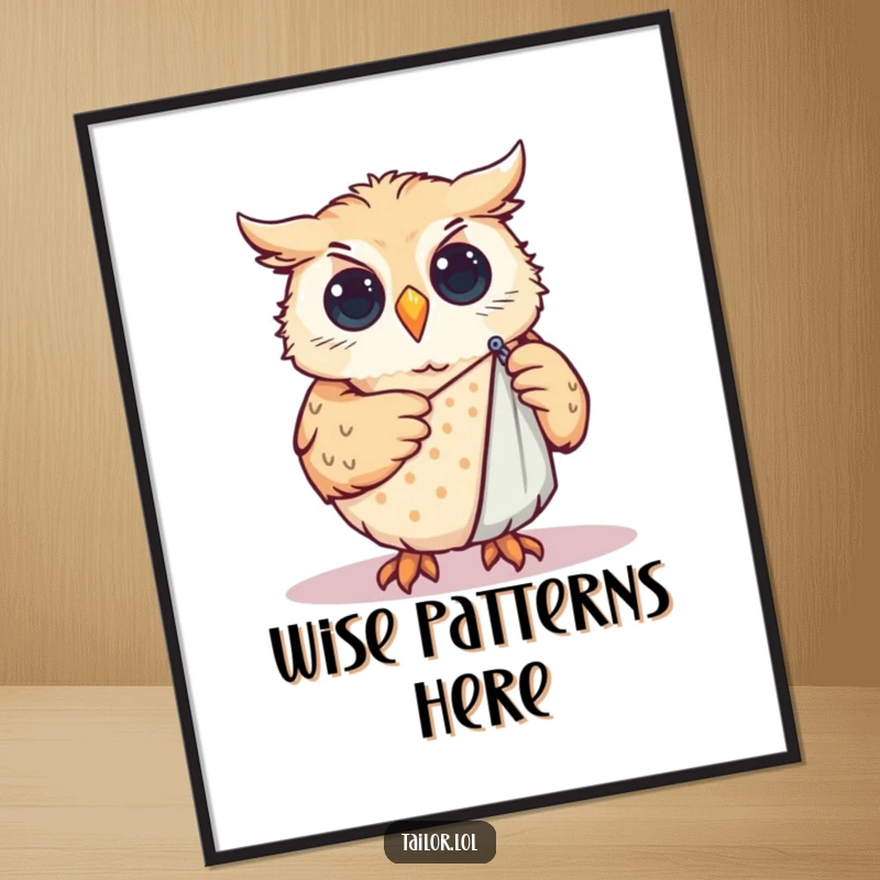 Funny Poster: Curious owl pinning a sewing pattern onto cloth, a humorous and artistic depiction of a meticulous crafter.
