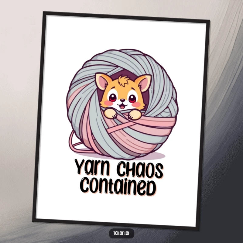 Funny animal poster, a surprised creature adorably trapped within a massive ball of yarn, creating a comical and heartwarming scene.
