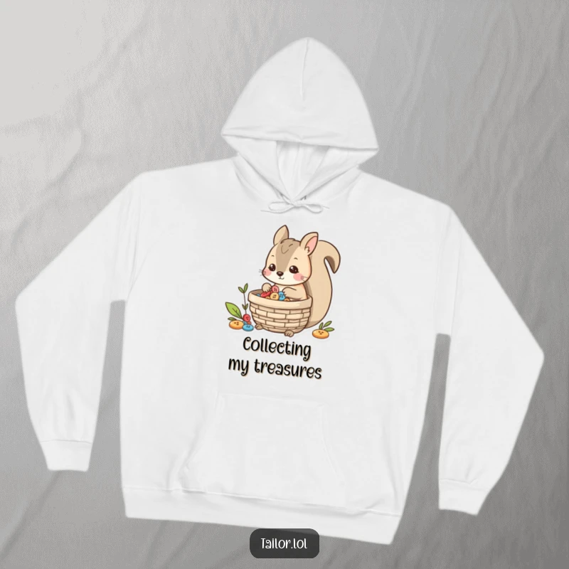Funny playful squirrel character collecting buttons in a basket, offering cozy comfort and humor on this hoodie.