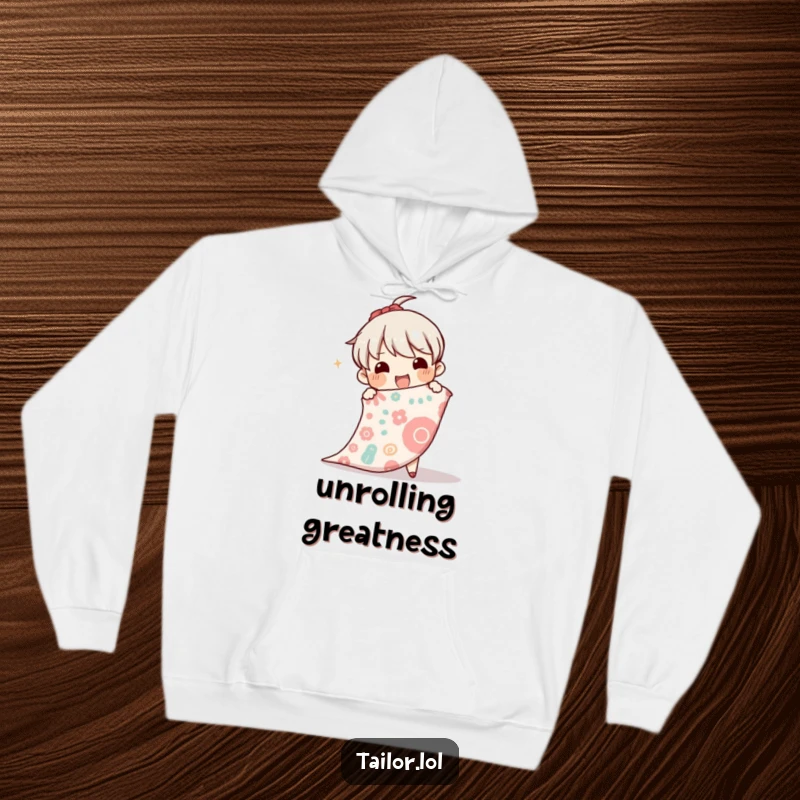 Funny hoodie showing a happy character joyfully unrolling a large bolt of patterned cloth, perfect for cozy crafting sessions.