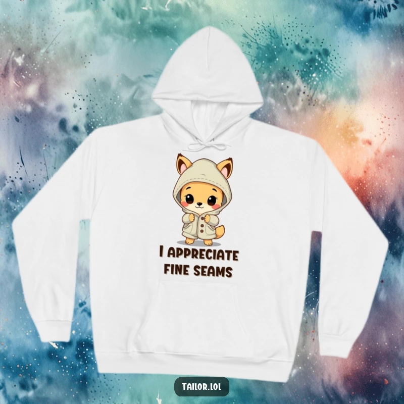 Funny animal hoodie, a curious creature captivated by an oversized, beautifully embroidered garment, showing deep admiration for the craft.