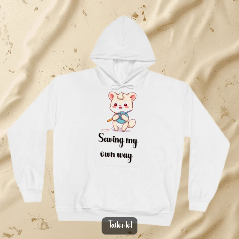 Funny animal hoodie, a playful creature utilizing a comically large needle to carefully sew a button, demonstrating mending skills.