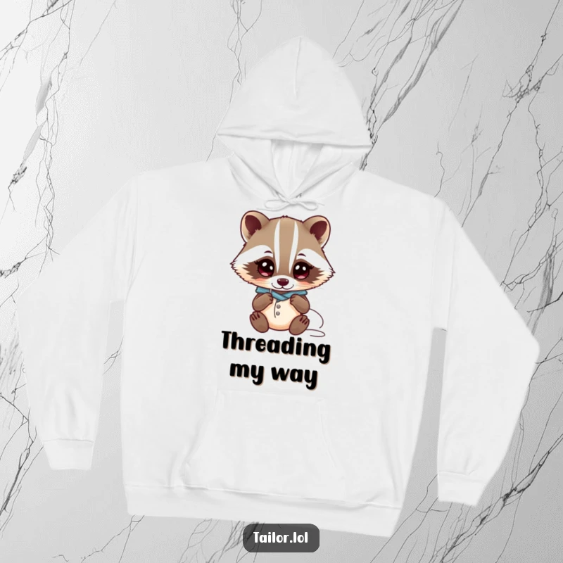 Funny Kawaii badger tailor character examining a needle and thread with wide eyes, warm hoodie for crafters, funny gift.
