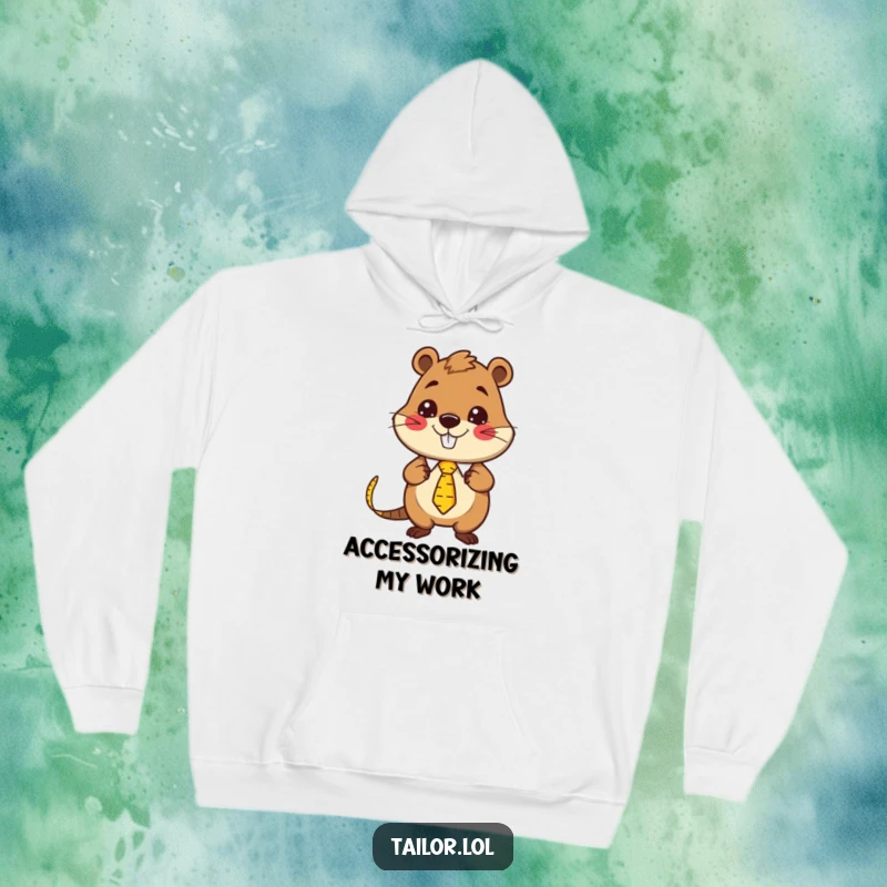 Funny Kawaii beaver tailor character wearing a measuring tape as a necktie, a warm and humorous hoodie for tailors.