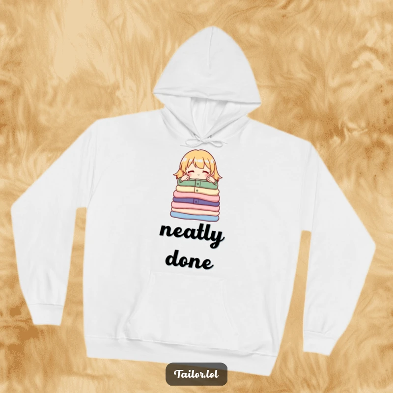Funny hoodie featuring a proud character adjusting a neat pile of folded garments, perfect for cozy organization sessions.