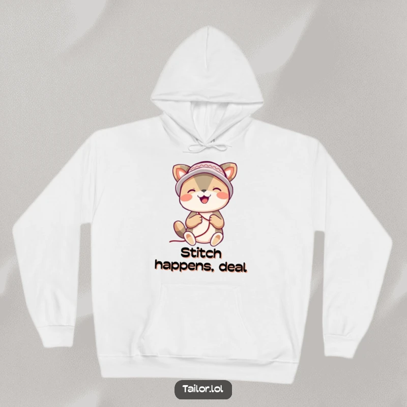 Funny animal hoodie, a happy creature adorned with a thimble hat, engrossed in the art of stitching with pure joy.