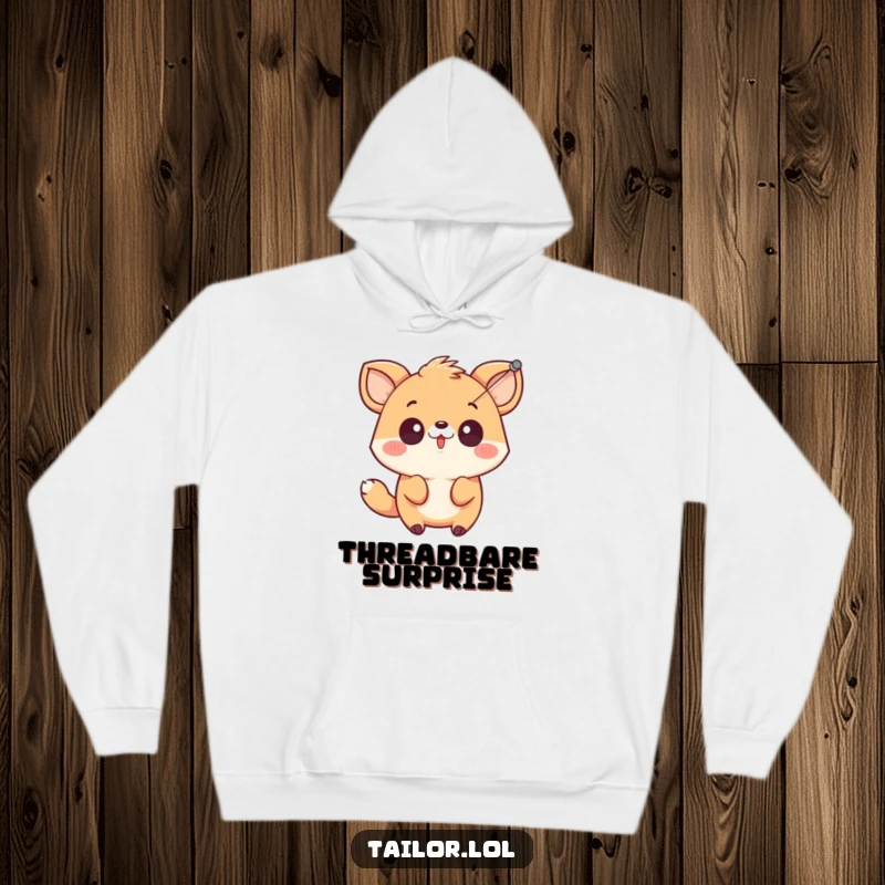 Funny cute animal character looking surprised by a needle and thread, featured on a cozy hoodie for warm, humorous vibes.